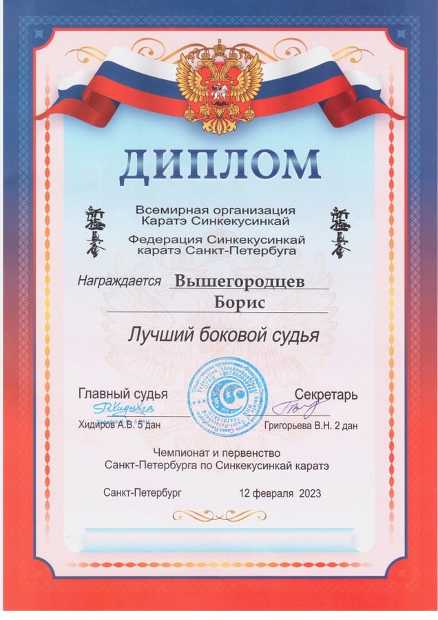 Грамота за звание лушего бокового судьи